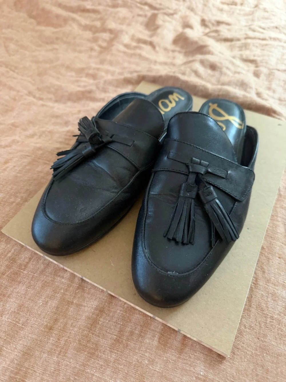Sam Edelman Paris Black Leather Tassel Almond Toe Mules - Size 7.5